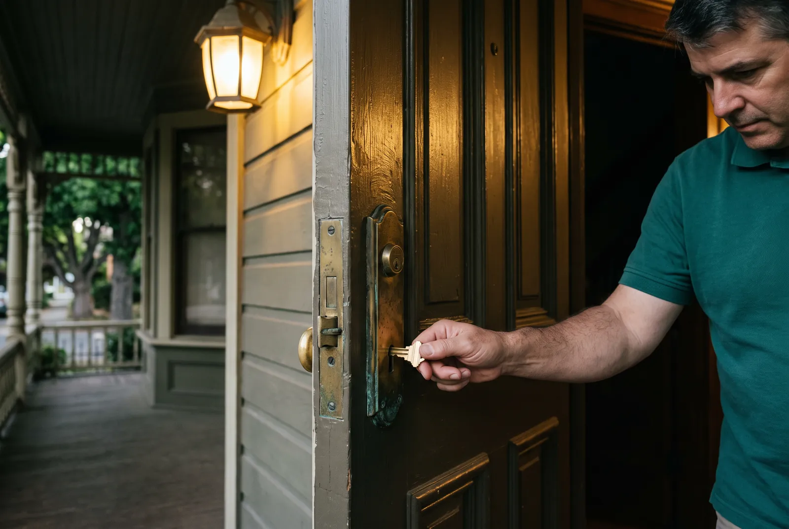 A hand turning a brass key in the bronze mortise knob set of a painted panelled door, the porch lamp lit above it and many coats of old paint showing at the panel edge